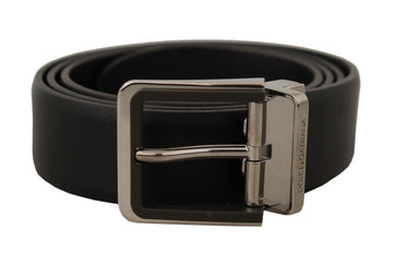 Dolce & Gabbana Men's Black Calf Leather Logo Engraved Metal Buckle Belt