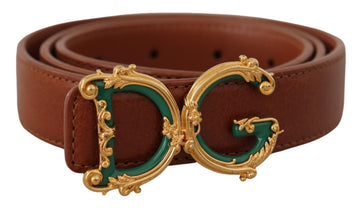 Dolce & Gabbana Women's Brown Leather Baroque Gold DG Logo Waist Buckle Belt