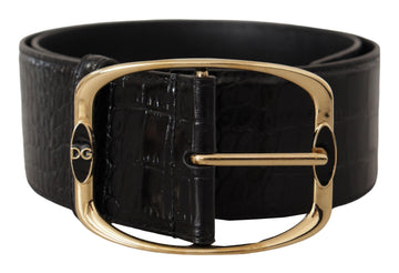 Dolce & Gabbana Women's Black Crocodile Print Gold Metal DG Logo Buckle Belt