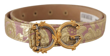 Dolce & Gabbana Women's Rose Pink Jacquard DG Logo Gold Metal Buckle Belt