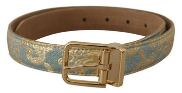 Dolce & Gabbana Women's Blue Leather Jacquard Embossed Gold Metal Buckle Belt