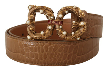 Dolce & Gabbana Women's Brown Crocodile Pattern Leather Logo Amore Belt
