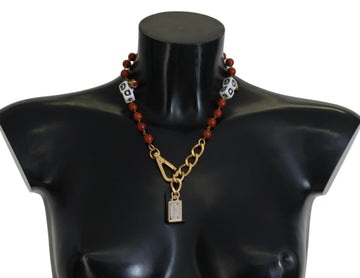 Dolce & Gabbana Women's Gold Brass Pearl Logo Lobster Statet Necklace