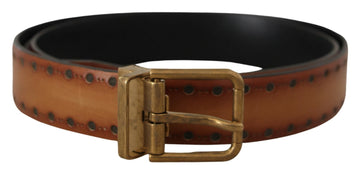 Dolce & Gabbana Men's Brown Leather Dress Brass Metal Logo Buckle Belt