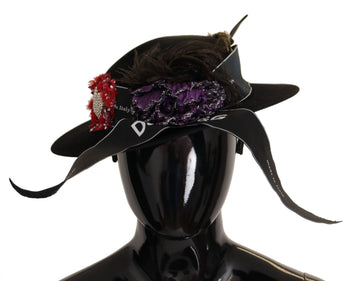 Dolce & Gabbana Women's Black Lapil Crystal Heart Feather Brooch Fedora Hat