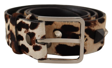 Dolce & Gabbana Men's Brown Leopard Print Studded Leather Metal Buckle Belt