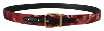 Dolce & Gabbana Men's Red Jacquard Rose Leather Gold Metal Buckle Belt