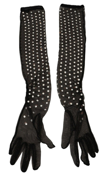 Dolce & Gabbana Women's Black Crystal Elbow Length Cotton Tulle Gloves
