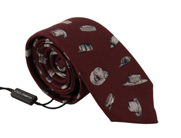 Dolce & Gabbana Men's Maroon Hat Pattern 100% Silk Adjustable Accessory Tie