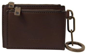 Dolce & Gabbana Men's Brown Leather Zip Logo Keyring Coin Purse Wallet