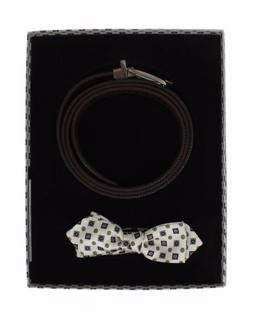 Dolce & Gabbana Men's White Silk Bowtie Leather Belt Gift Box