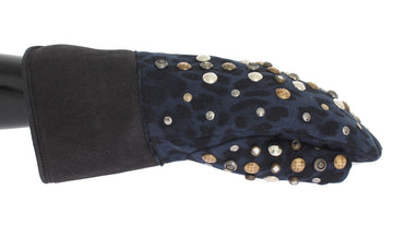 Dolce & Gabbana Men's Gray Wool Shearling Studded Blue Leopard Gloves