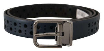 Dolce & Gabbana Men's Navy Blue Perforated Leather Skinny Metal Buckle Belt