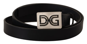Dolce & Gabbana Men's Black Leather Silver DG Logo Buckle Belt