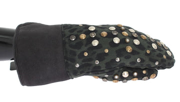 Dolce & Gabbana Men's Gray Wool Shearling Studded Green Leopard Gloves