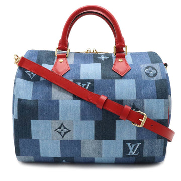 LOUIS VUITTON Women's Elegant Denim Shoulder Bag with Key and Padlock in Blue