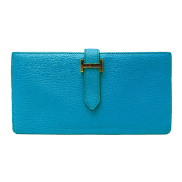 Hermes Women's Epsom Leather Bi-Fold Wallet with Multiple Pockets in Blue