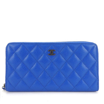 CHANEL Women's Blue Leather Zip-Around Long Wallet with Ample Space for Essentials. in Blue