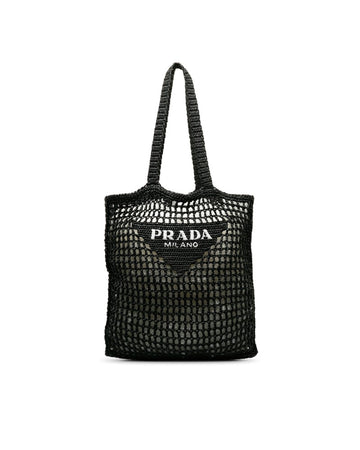 PRADA Women's Raffia Logo Tote Bag in Black in Black