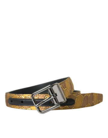 Dolce & Gabbana Men's Gold Leather Jacquard Silver Metal Buckle Belt