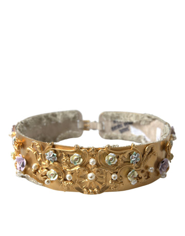 Dolce & Gabbana Women's Gold Brass Faux Pearl Floral Embellished Belt