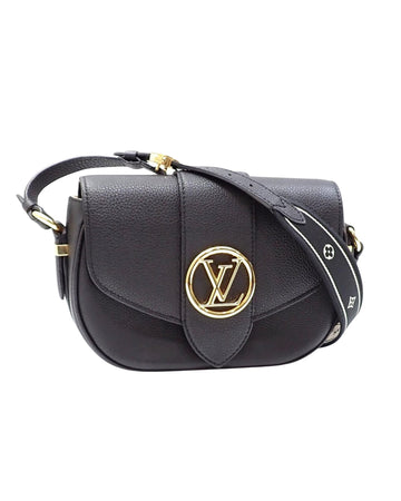 Louis Vuitton Women's Grained Leather Handbag with Wide Two-Color Strap and Monogram Flowers Decoration. in Black