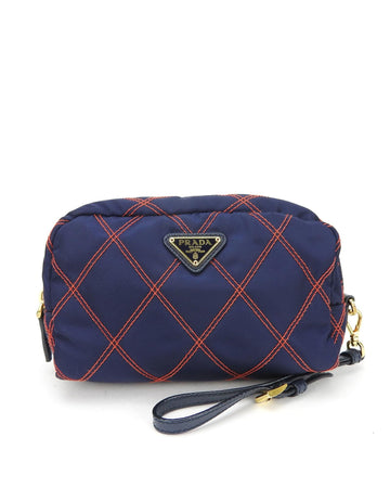 Prada Women's Quilted Canvas Pouch with Strap Closure and Zipper Pocket in Navy