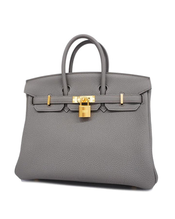 Hermes Women's Luxury Gray Leather Handbag with Gold Hardware and Turn-Lock Closure in Grey