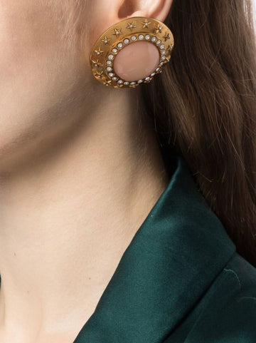 Coral Cabochon Rhinestone Earrings