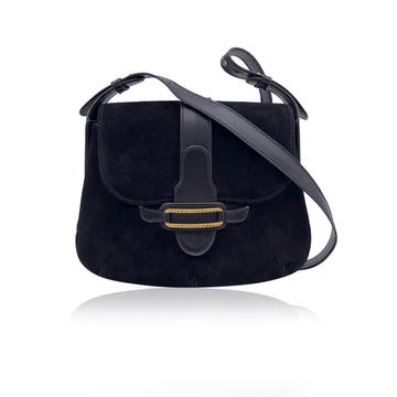 GUCCI Vintage Black Suede And Leather Flap Shoulder Bag