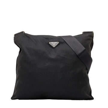 PRADA Triangle Plate Shoulder Bag VA0348 Black Nylon Leather Women's