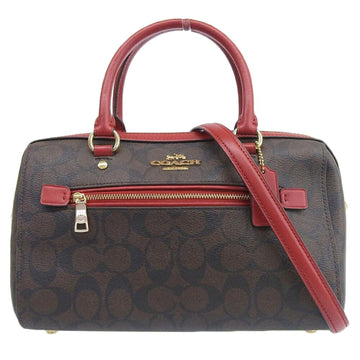 COACH Signature Boston Bag, Handbag, PVC, Leather, Brown, Red, 83607