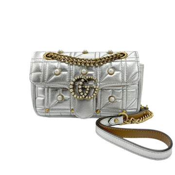 GUCCI Shoulder Bag GG Marmont Leather Faux Pearl Metal Silver White Gold Women's 446744 z1259