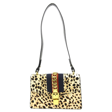 GUCCI Shoulder Bag Sylvie Leopard Haraco/Leather Beige/Brown Gold Ladies 421882