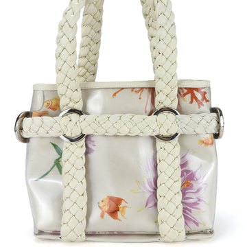 SALVATORE FERRAGAMO Handbag EX-21 5362 Satin Vinyl Leather Ivory Multicolor Flower Fish Women's