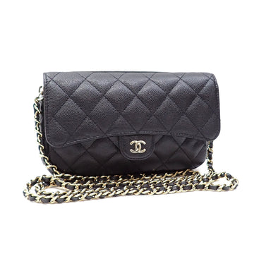 CHANEL Shoulder Bag Matelasse Flap Phone Case Women's Black Caviar Skin AP2096 Coco Mark Chain Wallet