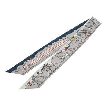 HERMES Twilly LES CHIENS PARISIENS Gris Perle/Blue/Jaune 064116S Women's 100% Silk Scarf Muffler