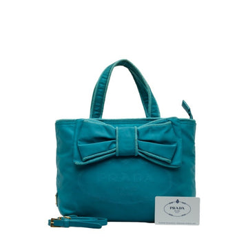 PRADA Jacquard Ribbon Handbag Shoulder Bag 1BA084 Blue Nylon Leather Women's