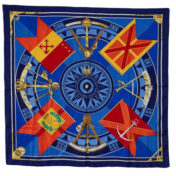 HERMES Carre 90 SEXTANTS Scarf Muffler Blue Multicolor Silk Women's