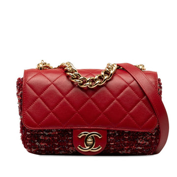 CHANEL Matelasse Coco Mark Chain Shoulder Bag Handbag Red Multicolor Leather Tweed Women's