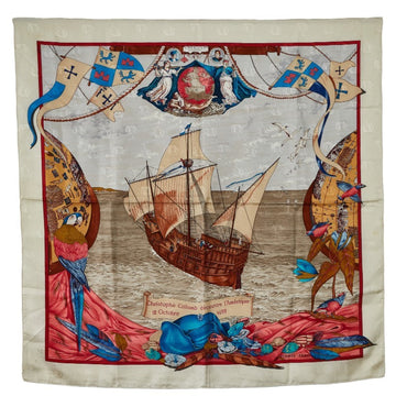 HERMES Carre 90 Christophe Colomb decouvre 1 Amerique 12 Octobre 1492 Scarf Muffler White Multicolor Silk Women's