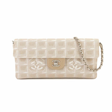 CHANEL New Travel Line Chain Shoulder Bag Nylon Jacquard Leather Beige A15316 Silver Hardware