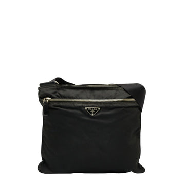 PRADA Triangle Plate Shoulder Bag Black Nylon Women's