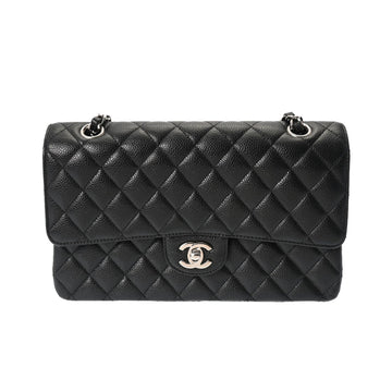 CHANEL Matelasse W Flap Chain Shoulder 25cm Black A01112 Women's Caviar Skin Bag
