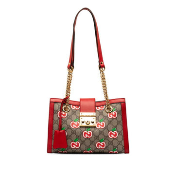 GUCCI GG Supreme Apple Padlock Shoulder Bag 498156 Beige Red PVC Leather Women's