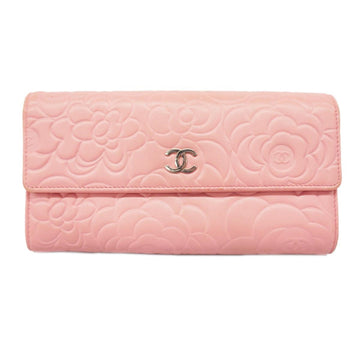 CHANEL Long Wallet Camellia Lambskin Pink Women's