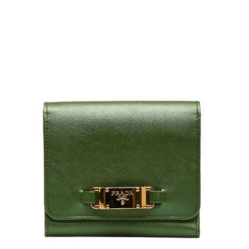 PRADA Plate Saffiano Tri-fold Wallet Compact Green Gold Leather Women's