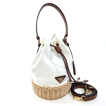 PRADA Wicker Canvas Basket Bag White 1BE040 Women's Handbag Shoulder Back