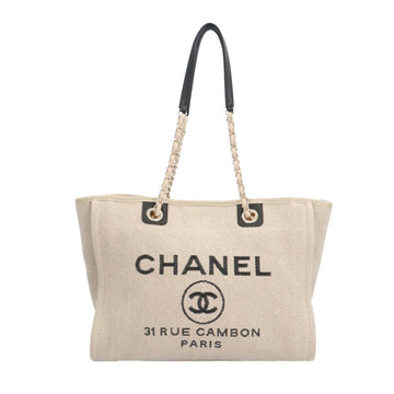 CHANEL Deauville MM Tote Bag Canvas A67001 Beige Women's  Chain
