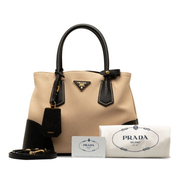 PRADA Triangle Plate Saffiano Tote Bag Shoulder BN2887 Beige Black Canvas Leather Women's